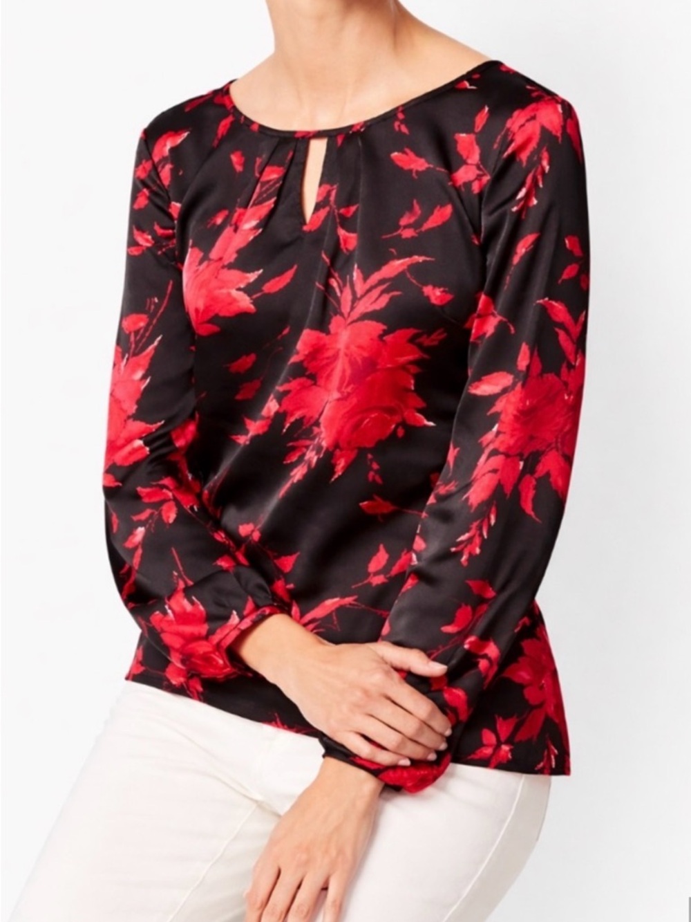 Talbots Black Satin Blouse with Red Floral Print Large Petite